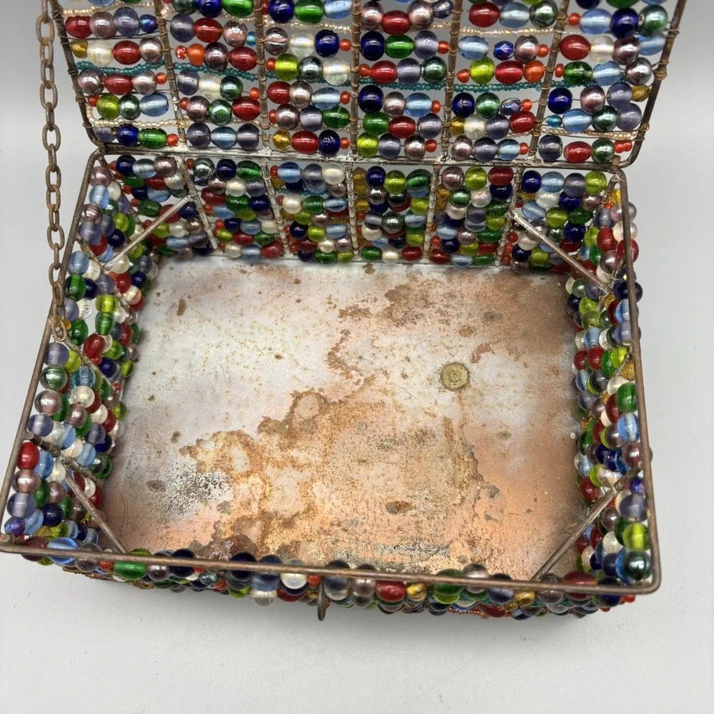 Vintage‎ Glass Beaded Metal Jewelry Box Copper Color Boho Retro